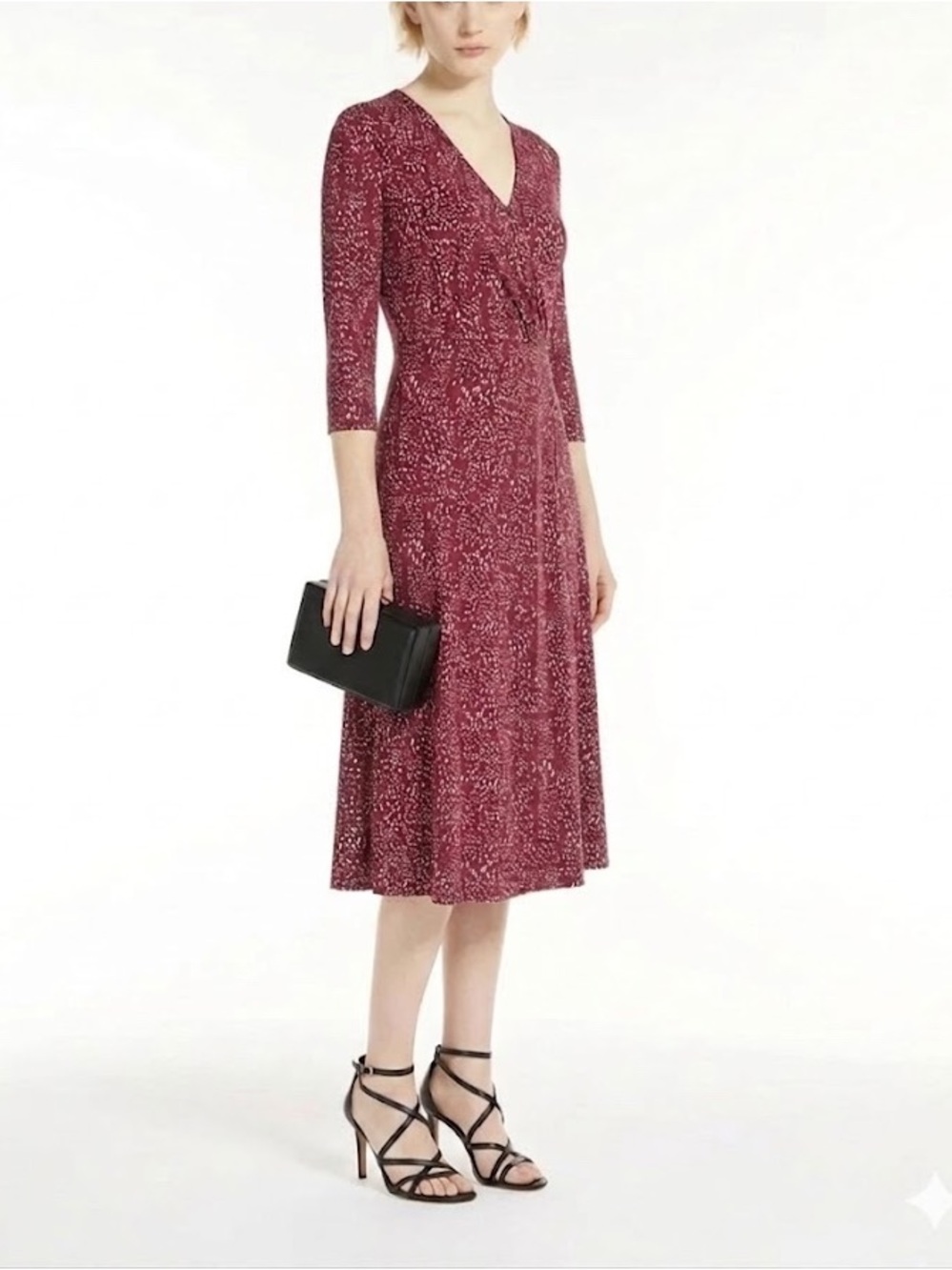 MaxMara Silk Knit Jersey Long Sleeve Burgundy Print Midi Dress White IT 38 US 2